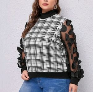 Plus Plaid Applique Mesh Sleeve Sweatshirt